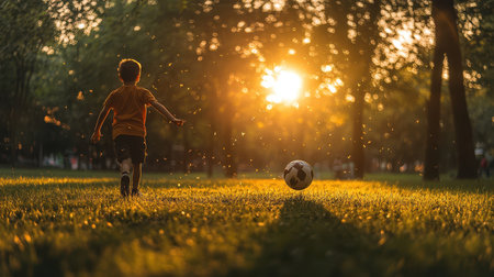 A young boy energetically kicks a soccer ball while standing on a lush green grass field, showcasing his enthusiasm for the sport.の素材
