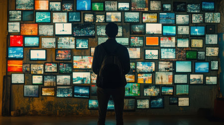 A man stands before a wall of televisions, showcasing a blend of technology and human presence in a modern display environment,.の素材
