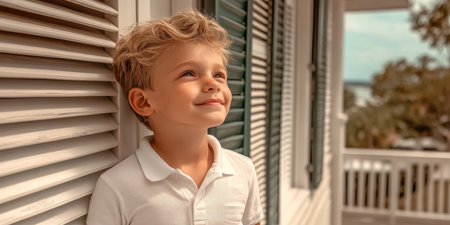 A young boy stands by a window, smiling with joy, reflecting a moment of happiness and innocence in a bright and airy setting.の素材