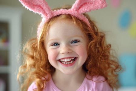 Happy girl with red hair in bunny ears celebrating Easter joyfully .,の素材