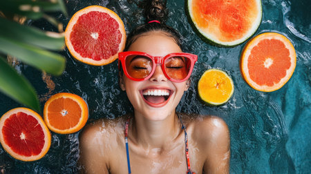 A smiling woman in sunglasses enjoys a refreshing moment in the water, radiating joy and relaxation amidst a sunny backdrop.の素材