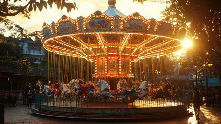 A vibrant carousel featuring joyful riders in a park during a picturesque sunset, capturing the essence of leisure and happiness,.の素材
