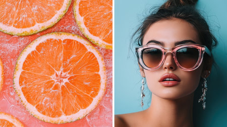 A stylish woman wears sunglasses while playfully engaging with vibrant orange slices in two captivating images.の素材