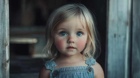 A young girl with bright blue eyes stands in a doorway, exuding innocence and curiosity as she gazes outside into the world.の素材