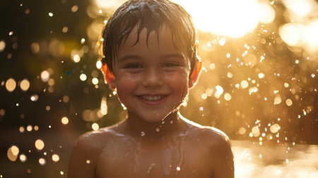 A joyful boy with wet hair smiles brightly while standing in the rain, capturing the essence of carefree childhood moments and the beauty of nature.の素材
