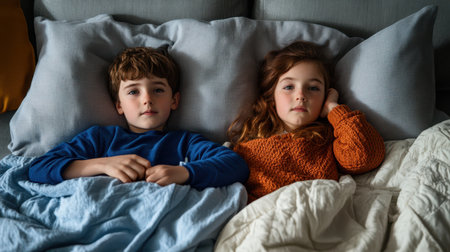 Two children comfortably lay side by side in bed, covered by a cozy blanket, enjoying a moment of companionship and warmth.の素材
