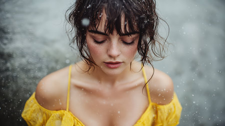 A woman in a vibrant yellow dress stands gracefully in the rain, embodying a blend of beauty and resilience amidst the falling droplets.の素材