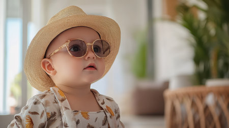 A baby dons a stylish hat and sunglasses, exuding charm while seated in a cozy room, showcasing a playful and trendy vibe.の素材
