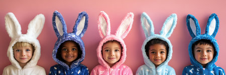 Four children dressed in bunny suits and ears celebrate Easter joyfully in a row .,の素材