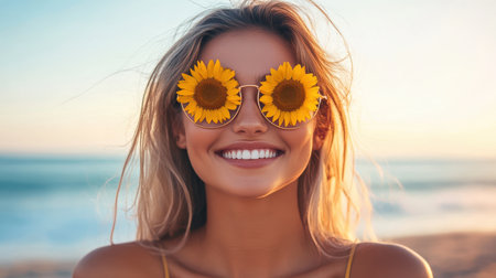 A serene blonde woman rests on the beach, her eyes adorned with vibrant sunflowers, embodying a peaceful connection with nature and the ocean.の素材