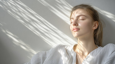 A serene woman in a white shirt, eyes closed, radiating calmness and tranquility in a peaceful setting.の素材