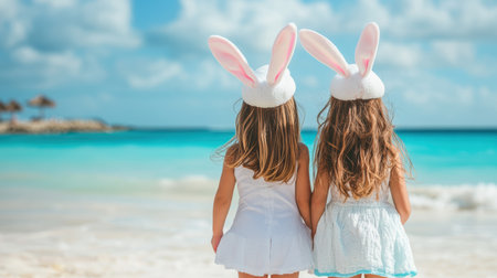 Two girls with bunny ears enjoy a sunny day at the beach during the Easter celebration .,の素材