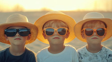 Three young boys with sunglasses and hats enjoy a sunny day at the beach, exuding joy and carefree spirit in their vibrant surroundings.の素材