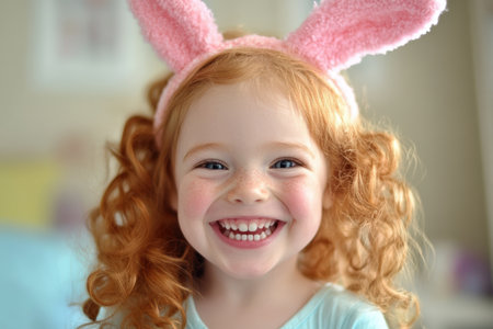 Little girl with red hair wearing bunny ears, celebrating Easter joyfully .,の素材
