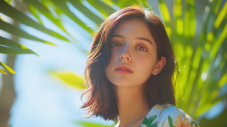 A woman wearing a floral dress gazes directly at the camera, exuding confidence and charm in a vibrant setting.の素材