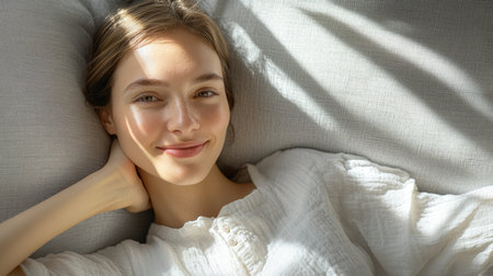 A relaxed woman reclines on a couch, her arm elegantly resting on her head, embodying a serene and contemplative mood.の素材