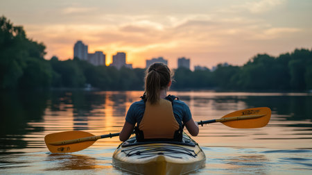 A woman is skillfully paddling a kayak across the tranquil water, surrounded by nature's beauty and reflecting determination and adventure.の素材
