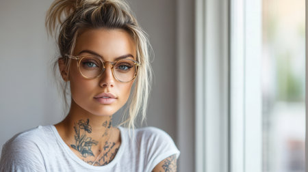 Arafed woman with tattoos and glasses gazes thoughtfully out a window, capturing a moment of contemplation and individuality.の素材