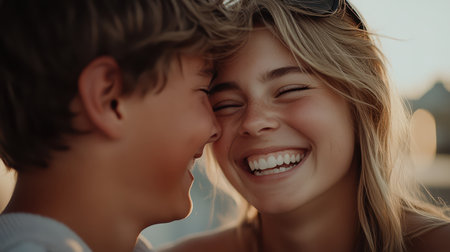A joyful young boy and girl are laughing together, capturing a moment of happiness and friendship in a delightful outdoor setting.の素材