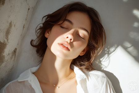 A serene woman with closed eyes rests peacefully against a wall, embodying tranquility and introspection in a contemplative moment.の素材
