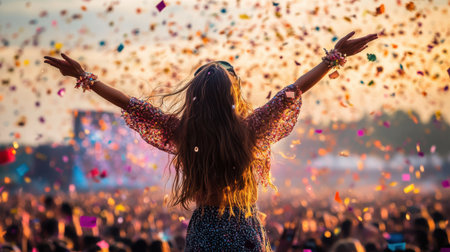 A graceful woman with arms extended, passionately engaging with an attentive crowd, embodying connection and empowerment in a public setting.の素材