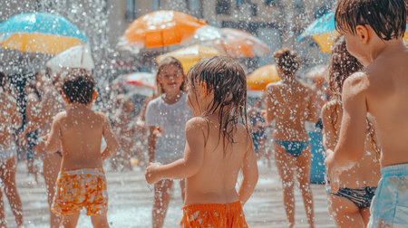 A lively scene of children enjoying playful moments in water, sheltered by colorful umbrellas, radiating joy and summer fun.の素材