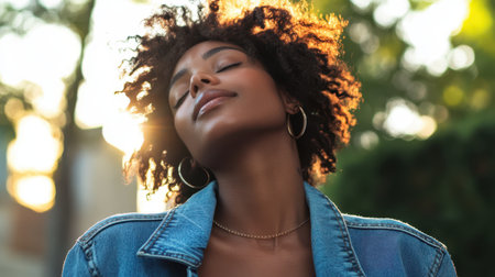 A serene woman with her eyes closed, exuding tranquility and introspection in a peaceful setting.の素材