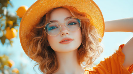 Woman in yellow hat and glasses posing for a cheerful photograph.の素材