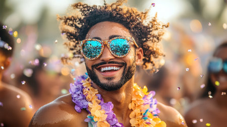A man wearing sunglasses and a colorful lei around his neck exudes a relaxed and festive vibe, perfect for a tropical setting or celebration.の素材
