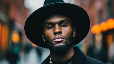 Arafed man dressed in a black coat and a stylish black hat, exuding a sense of mystery and sophistication in his attire.の素材