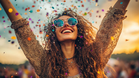 A woman wearing sunglasses joyfully celebrates while surrounded by colorful confetti, embodying a festive and vibrant atmosphere.の素材