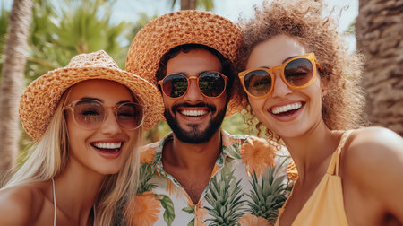 Three individuals are standing together, smiling and posing for a photograph in a cheerful and friendly atmosphere.の素材
