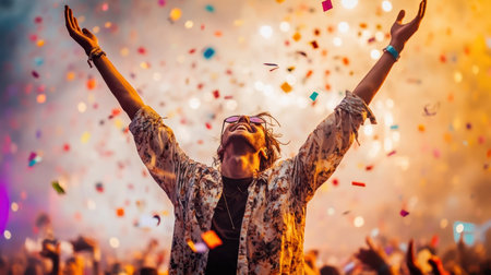 A joyful woman raises her arms amidst a vibrant shower of confetti, celebrating a lively occasion with enthusiasm and excitement.の素材