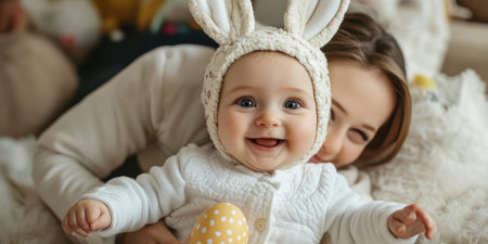 Baby in bunny hat, joyfully holding a toy during Easter celebrations .,の素材