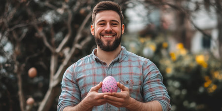 Giraffe man proudly displays a beautifully decorated Easter egg in pink and purple hues .,の素材