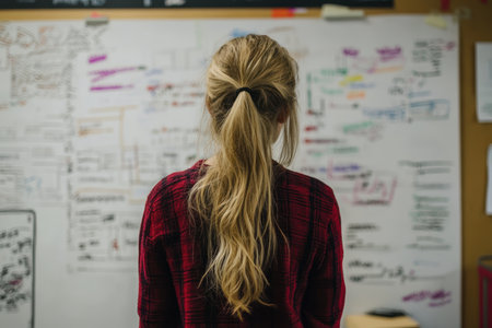 A woman stands by a wall covered with various papers, deep in thought or contemplation.の素材