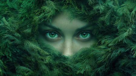 Woman with green eyes concealed in a lush green blanket.の素材