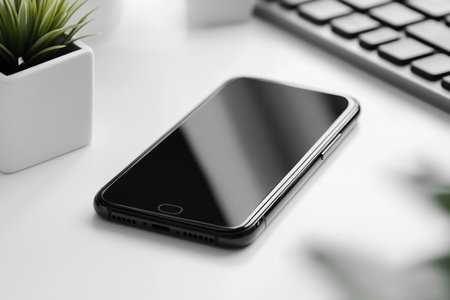 A cell phone rests on a desk beside a computer keyboard.の素材