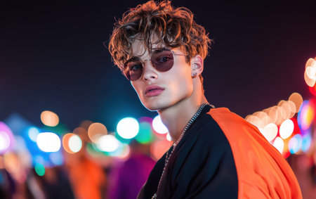 Man in sunglasses and jacket stands before a large crowd, exuding confidence and style.の素材