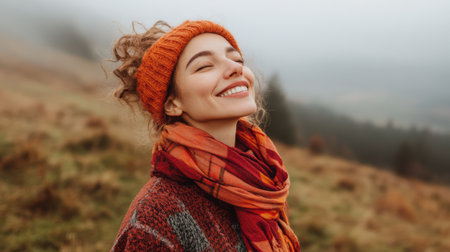 Cheerful woman wearing a red hat and scarf poses in a vibrant field.の素材
