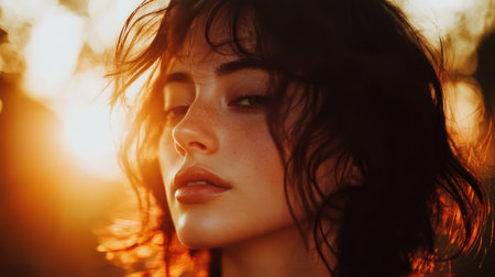 Woman in sunlight with closed eyes, embracing warmth and tranquility.の素材