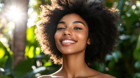Happy woman with afro hairstyle basking in sunlight filtering through trees.の素材