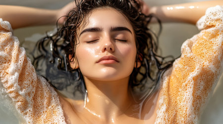 Woman relaxes in a bathtub, hands on her head, enjoying serenity and self-care.の素材