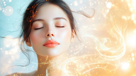 A woman with her eyes closed, embodying tranquility and introspection.の素材