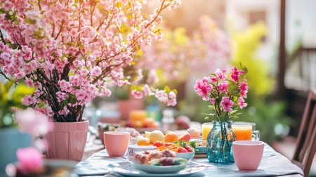 A festive Easter table adorned with flowers, colorful eggs, and delicious treats awaits celebration ,.,の素材