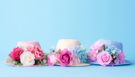 Three floral hats display vibrant colors on a serene blue background ,.,の素材