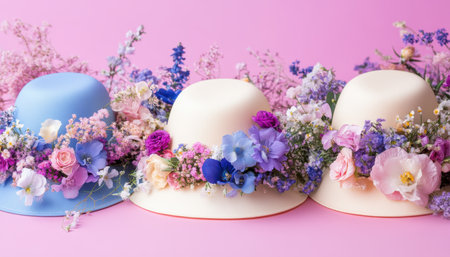 Three floral hats rest on a soft pink surface, perfect for a spring celebration ,.,の素材