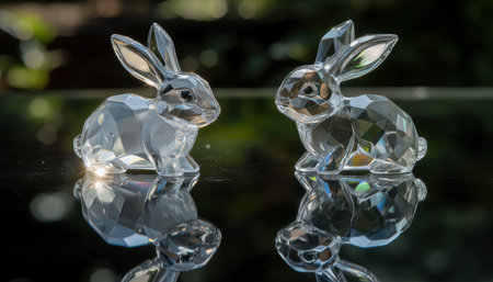 Two crystal rabbits rest elegantly on a glass table, adding charm to the Easter decor ,.,の素材
