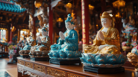 A detailed close-up of a row of intricately designed statues arranged neatly on a table, showcasing their artistic features and textures,.の素材