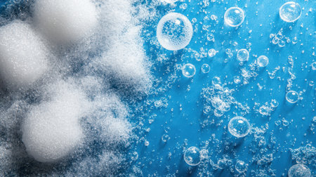 Delicate bubbles drift gracefully in a serene blue bowl of water, set against a tranquil blue background, creating a peaceful visual experience,.の素材